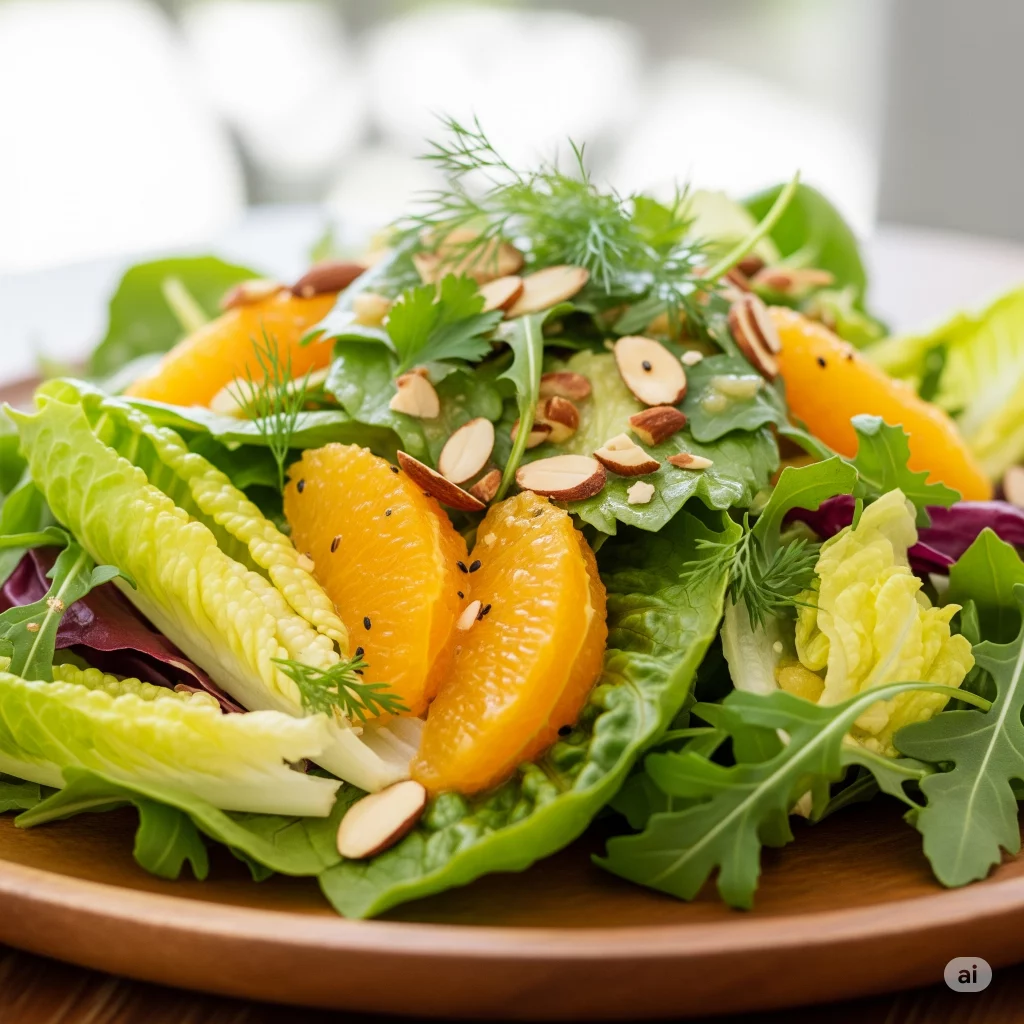 Imagen de ensalada verde con naranja y almendras